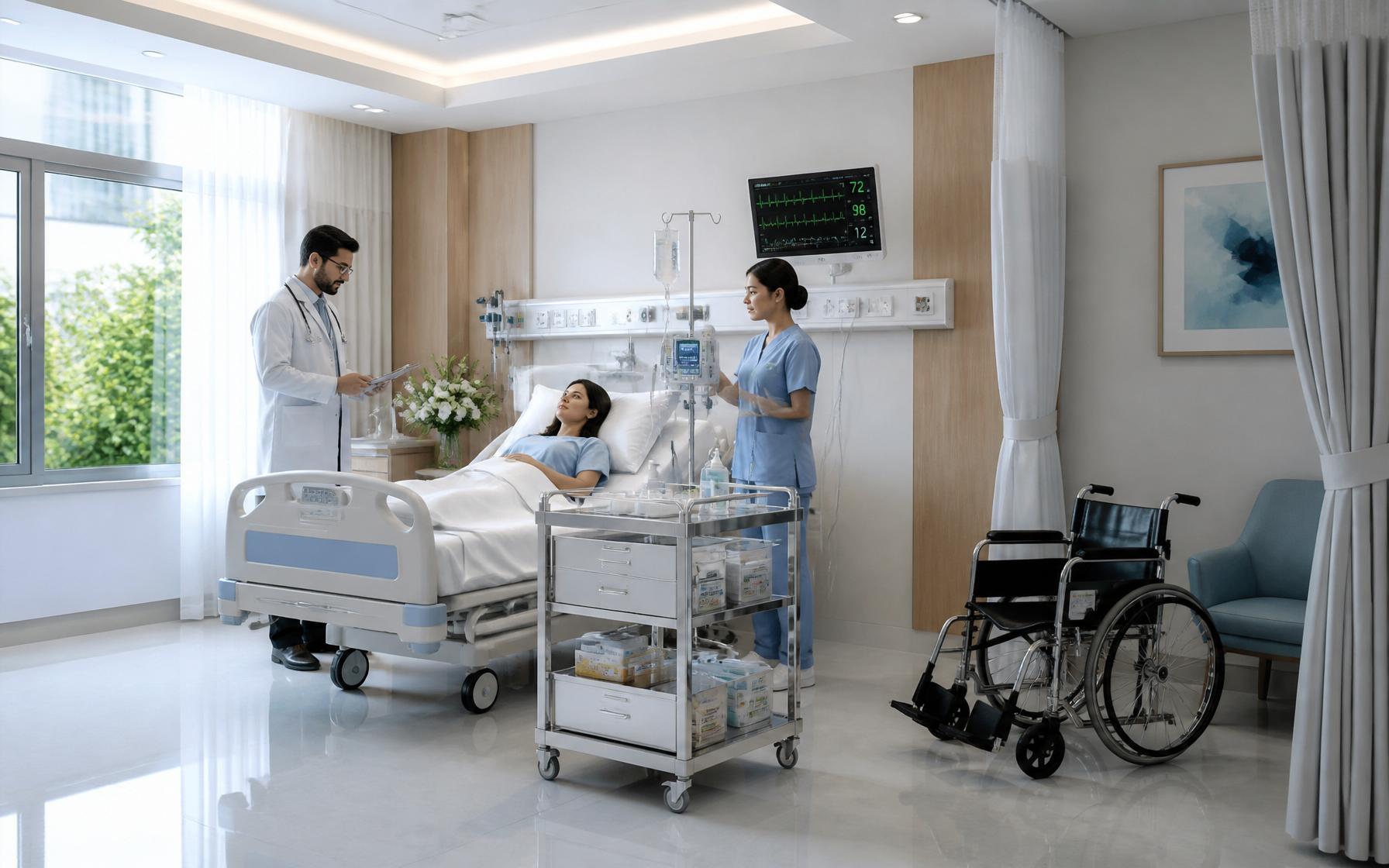 Modern hospital patient room with doctor, nurse and patient