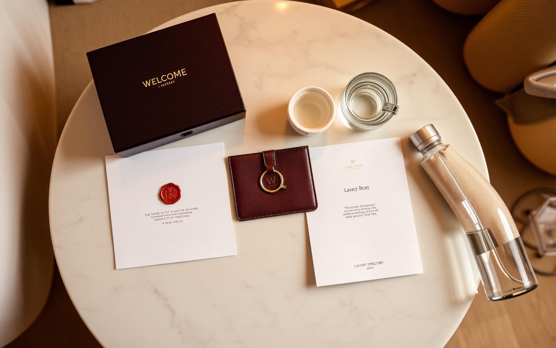 Luxury hotel welcome table with tea kit, coffee kit, welcome letter and water bottle